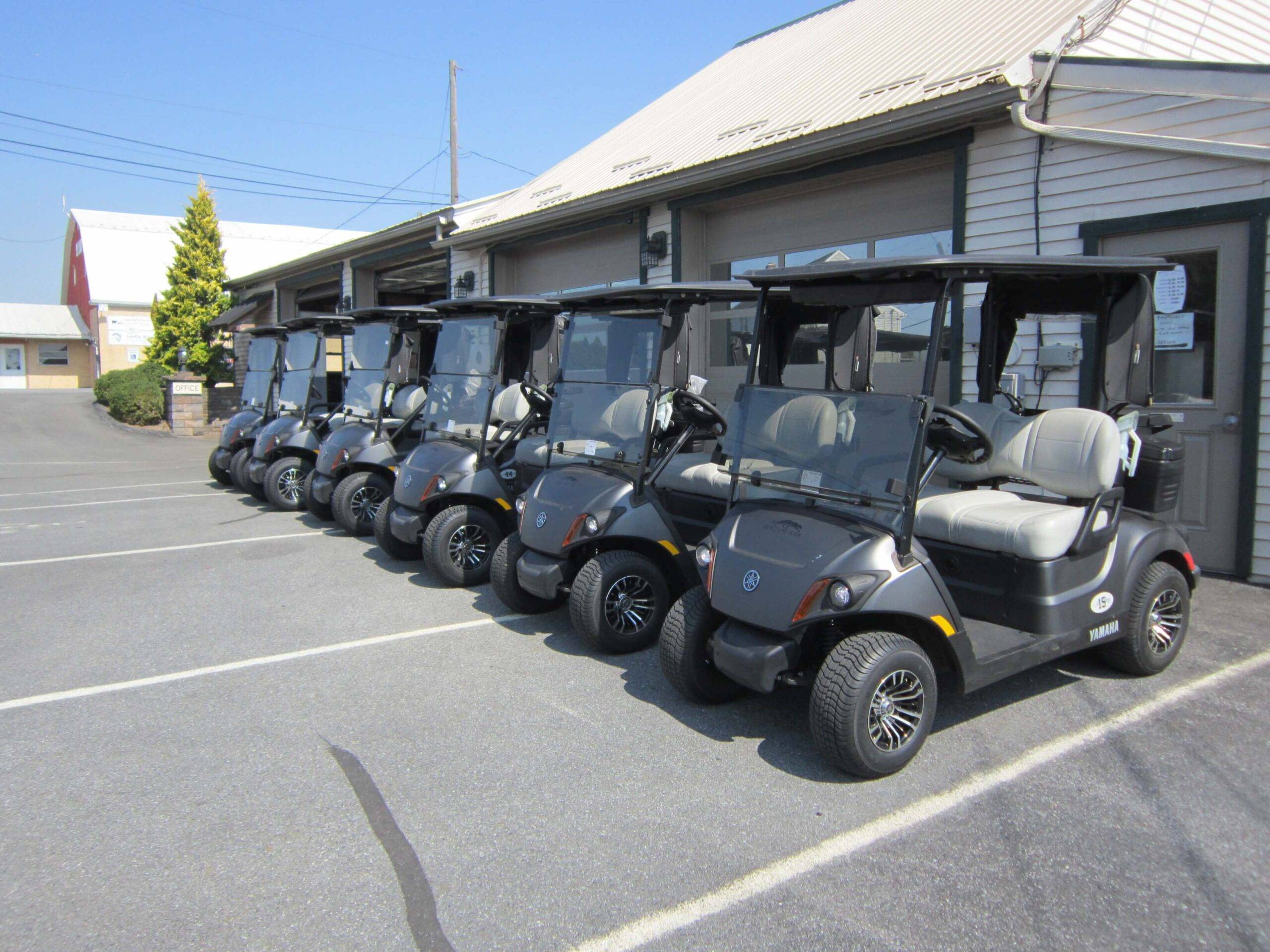 A row of six black golf carts parked in front of a building with a corrugated metal roof.